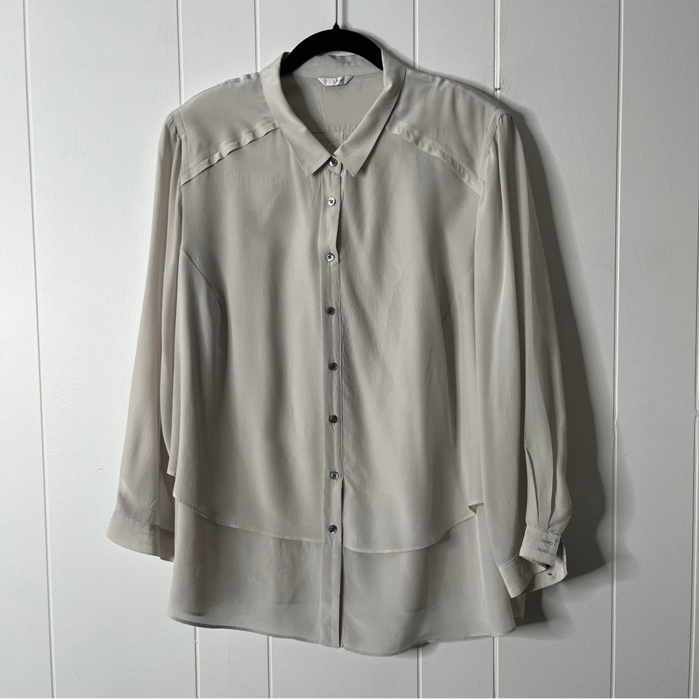 Poetry Gray Silk Blouse Long Sleeve Layered Button Front Women's 16
